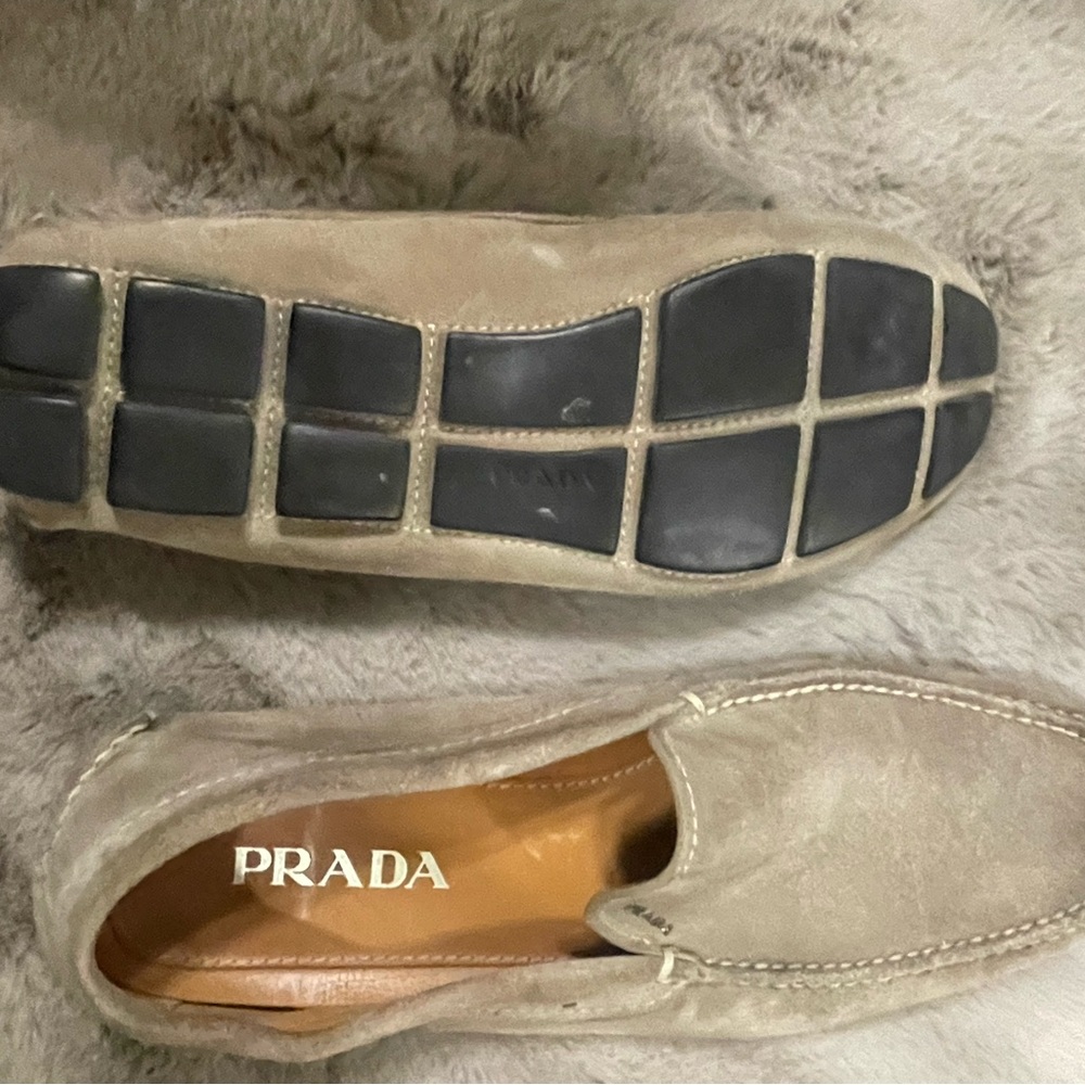 PRADA mens tan leather slip on loafers.